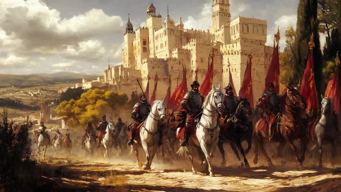 Mounted armored procession before fortified hillside castle.