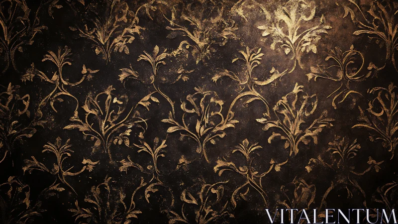 Ornate baroque gold floral pattern on distressed dark wall.