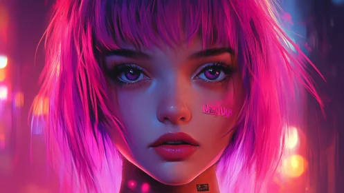 Neon lit digital portrait of pink haired female subject.