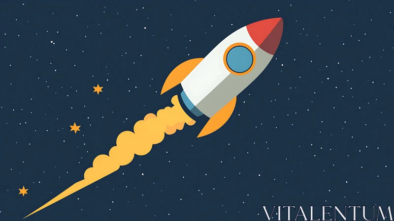 Stylized rocket ship ascending through minimalist starlit sky.