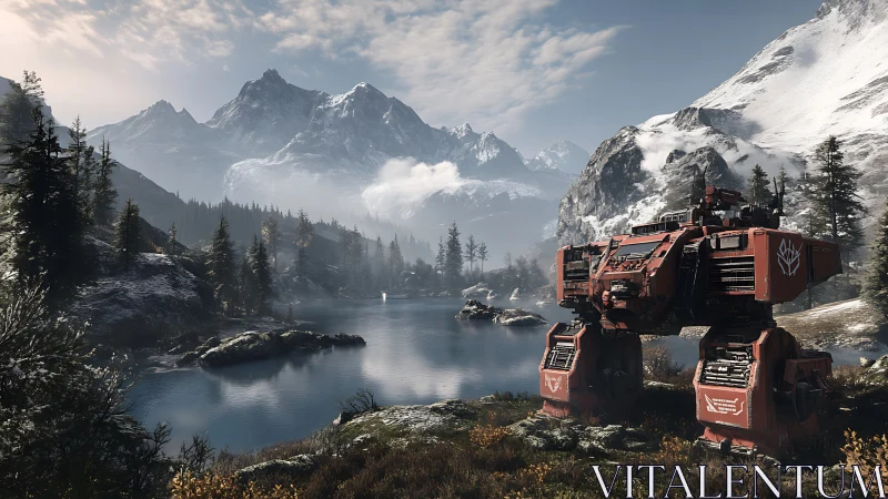 Photorealistic alpine mech landscape with cinematic depth of field.