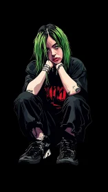 Seated green haired figure in dark clothing on black field.