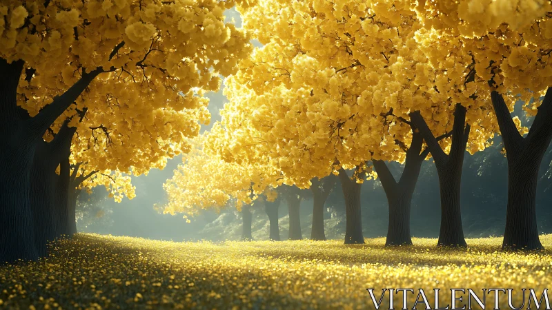 Golden tree avenue under soft morning forest light.