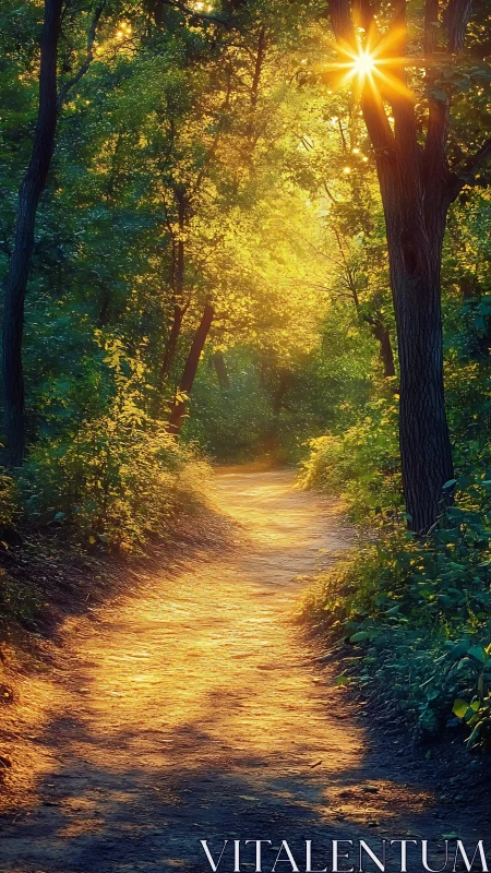 Sunlit forest path with warm evening light glow.
