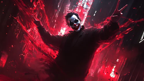 Laughing crimson chaos floods a neon-slick midnight alleyway