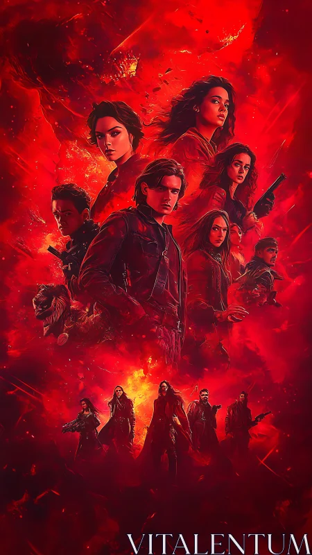 Cinematic ensemble poster in red monochrome explosive nebula