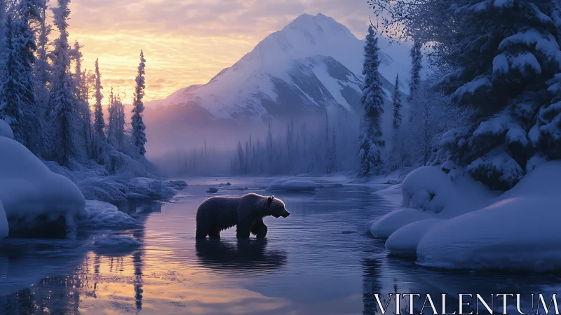 Winter morning bear wanders through a tranquil icy river