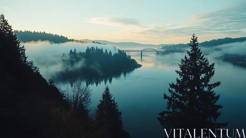 Foggy river valley with steel bridge at early sunrise.