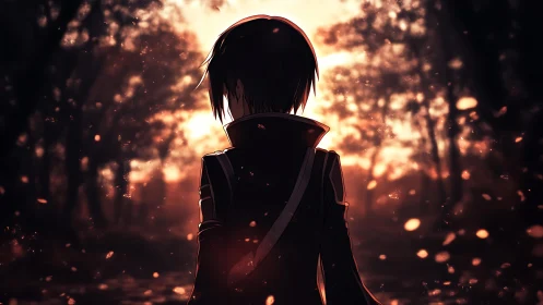 Silhouetted anime figure in glowing autumn forest light.