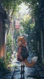 Fox-eared schoolgirl wandering a sunlit secret alleyway.