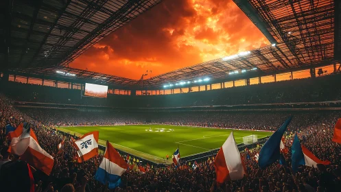 Champions League stadium under blazing sunset sky