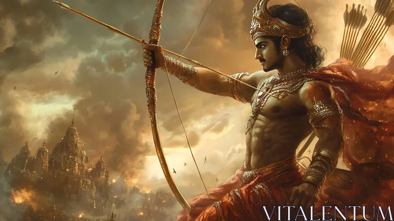 Digital depiction shows archer drawing bow before burning city