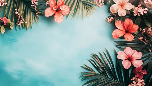 Coral Hibiscus Blooms on Turquoise Texture.