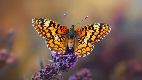 Golden butterfly rests gently on lavender blooms at dusk