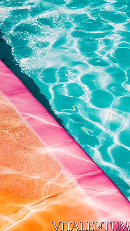 Swimming pool edge with colored border and water surface.