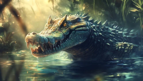 Armored crocodile emerges from luminous jungle shallows