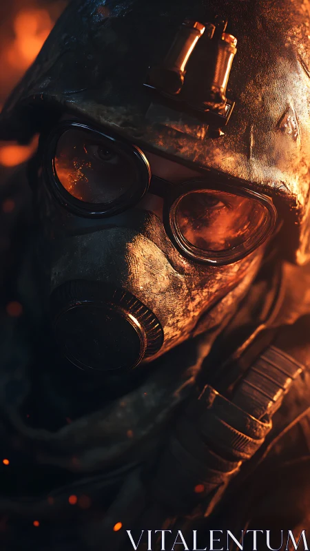 Ash-scarred gasmask sentinel in emberstorm glare.