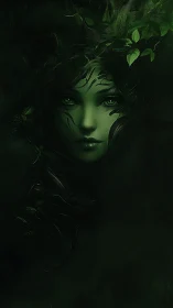 Mystical green forest spirit face emerging from darkness.
