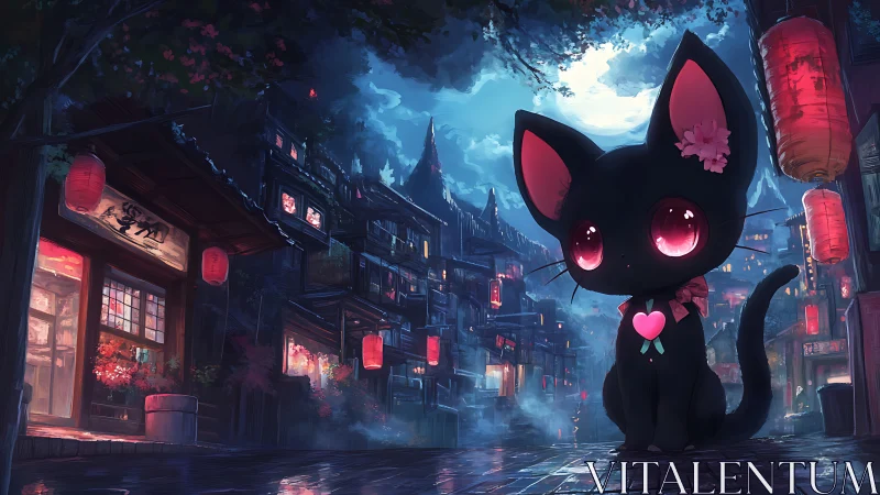 Large-eyed black cat with neon heart pendant in lantern-lit alley
