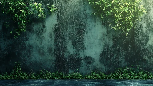 Whispering ivy climbs a weathered emerald concrete wall.