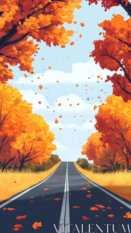 Autumn highway perspective with stylized foliage and dynamic leaf motion