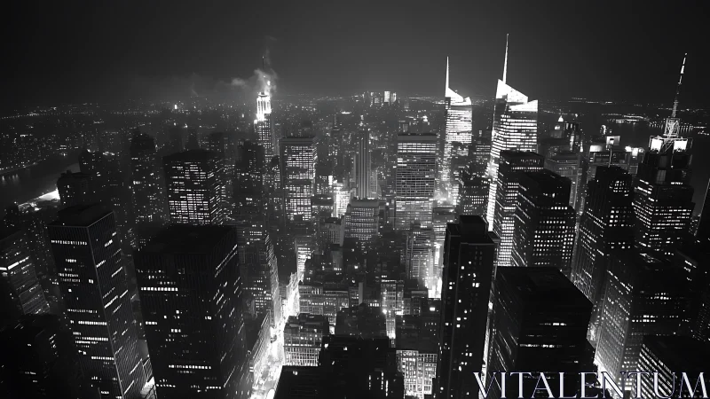 Midnight metropolis skyline in dramatic monochrome glow.