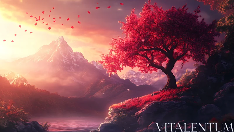 Sunlit pink tree on rocky slope before distant mountains.