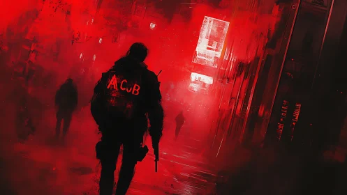 Silhouetted figure walks through red-graded urban corridor