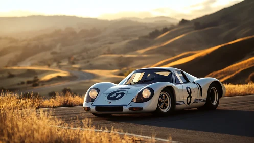 Photorealistic vintage race car on winding hillside road at dusk.