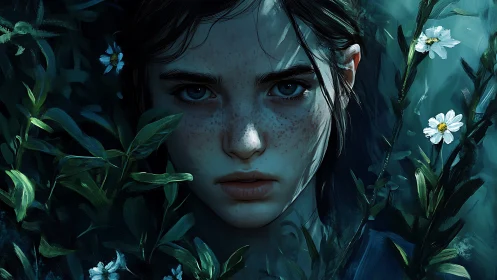 Quiet forest gaze of a freckled girl among wildflowers.