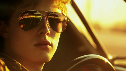 Sunlit driver catching golden hour reflections on glass.