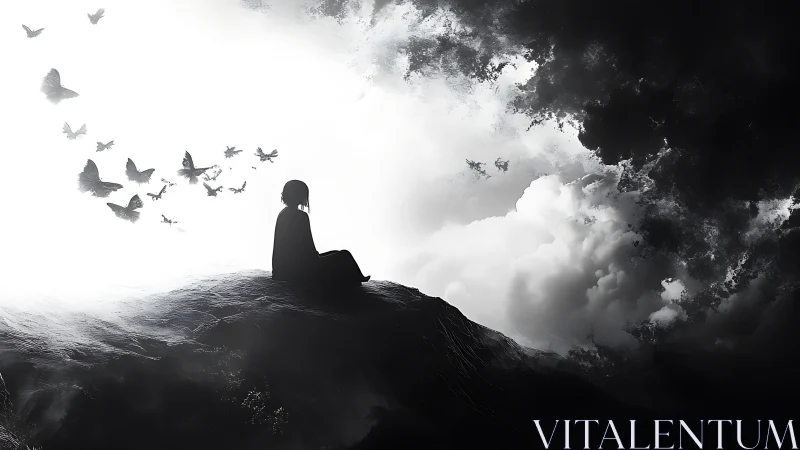 Gentle silhouette rests as butterflies cross light and shadow