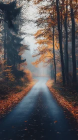 Misty Forest Road Through Autumn Canopy