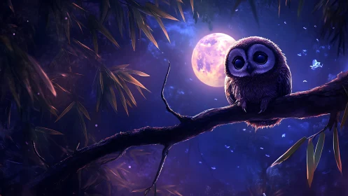 Moonlit owl rests on forest branch in dreamy violet night