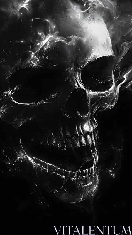 Translucent spectral skull emerges from swirling darkness