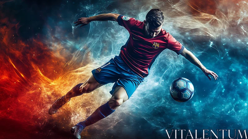 Dynamic football striker in fiery blue motion blur field.