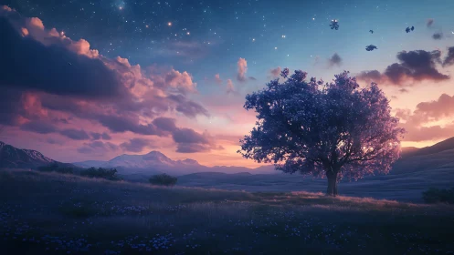 Starlit blossom tree guarding a dreamlit twilight valley.