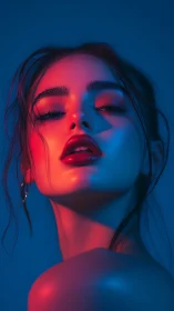 Neon-lit portrait captures sultry gaze in bold color contrast