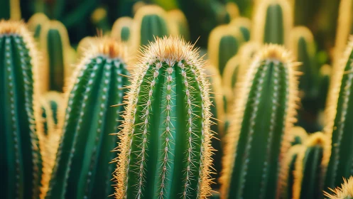 Backlit columnar cacti with golden spines in shallow focus.