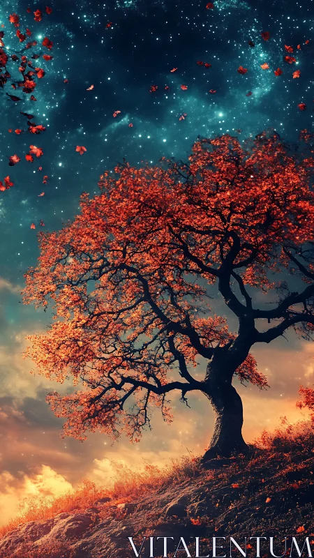 Crimson leaves drift upward while the lone hilltree salutes stars