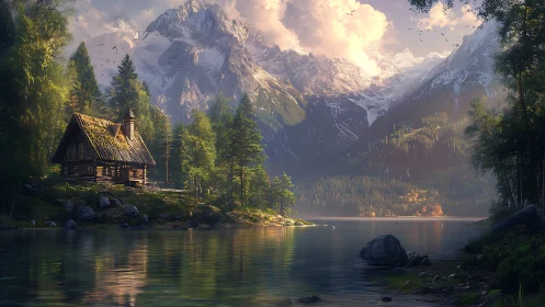 Mountain lake cabin under dawn light with forest edge.