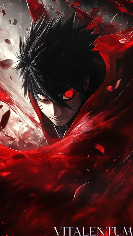 Red-eyed anime antihero emerges through swirling crimson cloak
