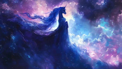 Midnight unicorn drifts through vivid cosmic clouds.