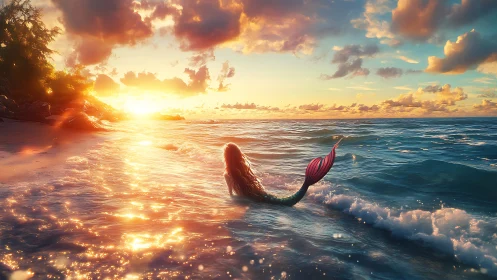 Golden sunset bathes a lone mermaid in shimmering surf