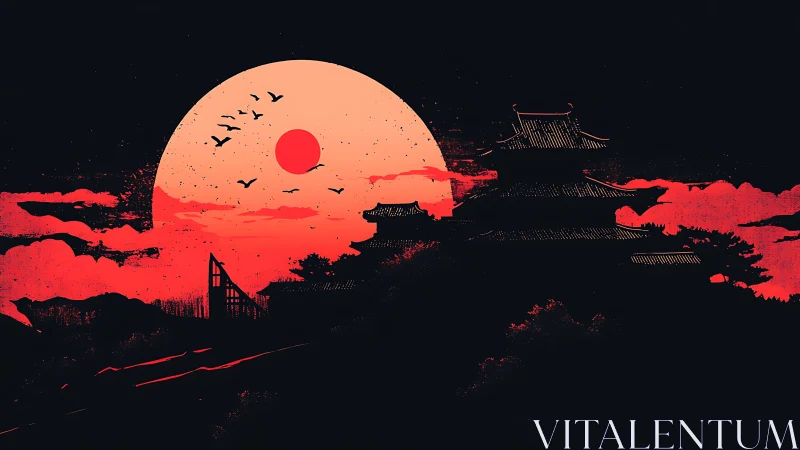 Red sun over Japanese castle in stark silhouette.