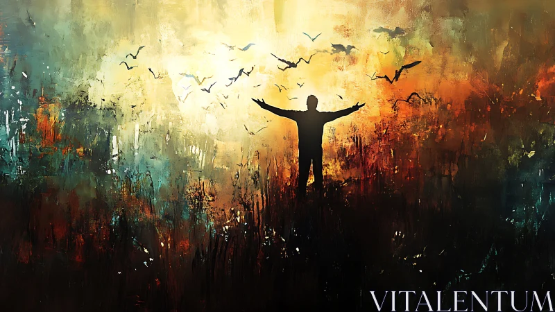 Sunlit embrace of freedom beneath a swirling painted sky.