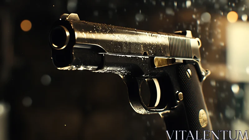 Rain-kissed chrome pistol glowing in moody city bokeh.