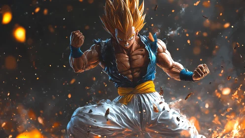 Supercharged anime warrior amid explosive ember storm.