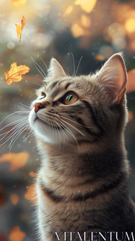 A Curious Tabby Watches Golden Autumn Leaves Dance