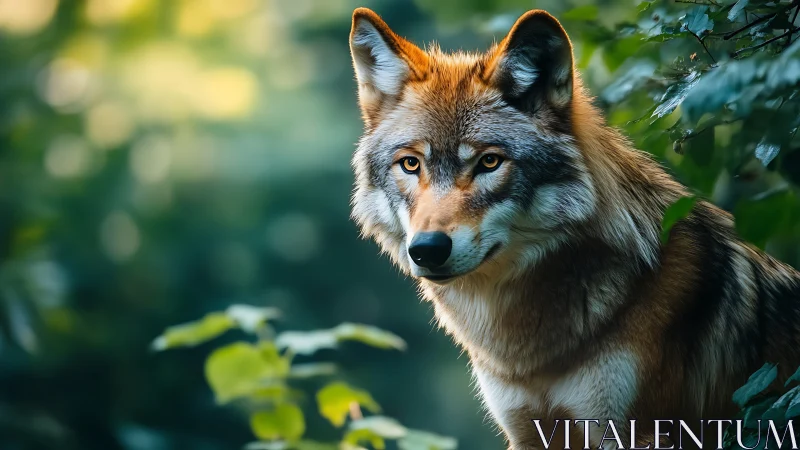 Forest ember wolf in emerald hush, eyes bright as flares.